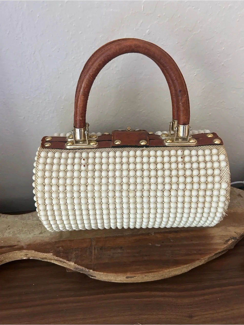 Vintage Beaded Pearl Cylinder Handbag with Brown Leather Handle: 1960s - Picture 7 of 11